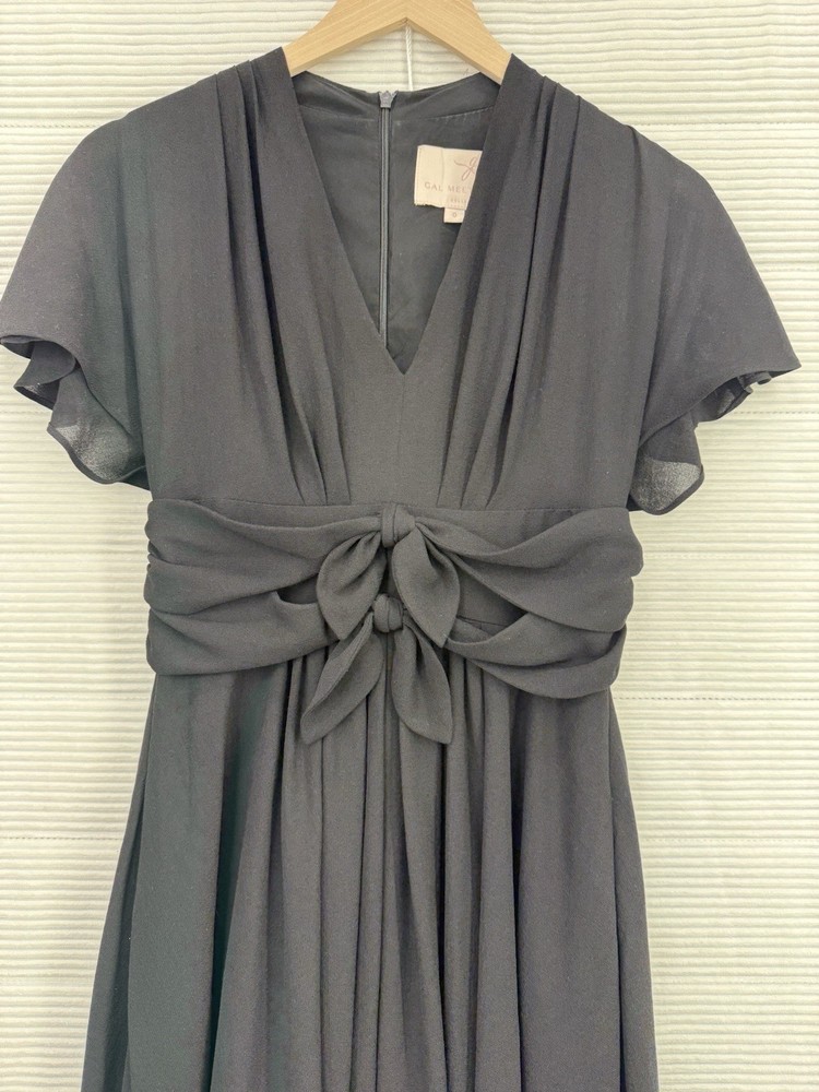 Gal Meets Glam Jane Black Crepe Midi Dress Front Bows Knot Flutter Sleeve Size 0