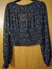Free People Black Floral Chiffon Smocked Tie Cropped Puff Long Sleeve Blouse M