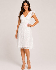 Adrianna Papell White Floral Lace V-Neck Flutter Sleeve A-Line Dress 6