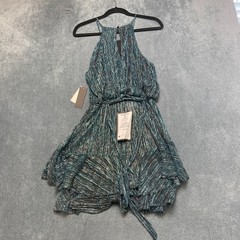 City Studio Fit & Flare Dress Womens XL Teal Black Metallic Ruffled Sash Halter