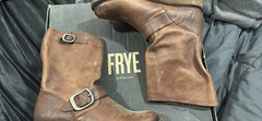Frye Women’s Brown Leather Mid-Calf Biker Boots Buckle Round Toe 5.5B