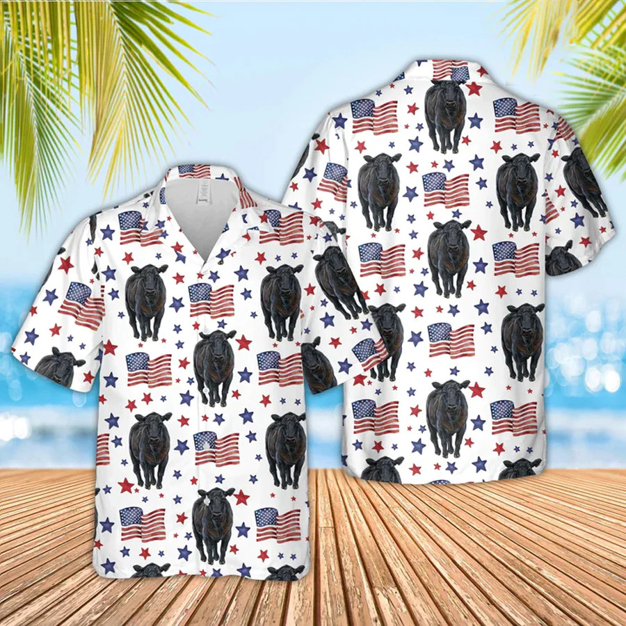 Black Angus American Flag Pattern Trendy Hawaiian Shirt, Funny Cow Trendy Hawaii
