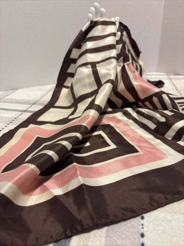 Square abstract scarf; Andre Fantasies; brown white pink; 25x 25in