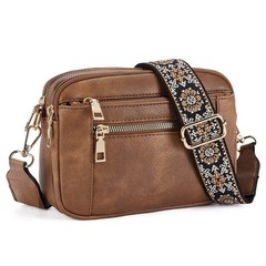 Women’s Triple-Zipper Shoulder Bag | Floral Embroidered Straps, Colorblock Cross