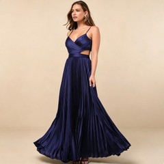 Navy Blue Satin Cutout Spaghetti Strap Pleated Dresses Formal Simple Prom Gowns
