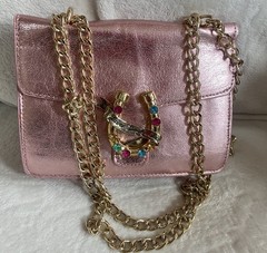 NWT Betsy Johnston Pink Gem-Embellished HORSESHOE Crossbody Bag with Chain Strap