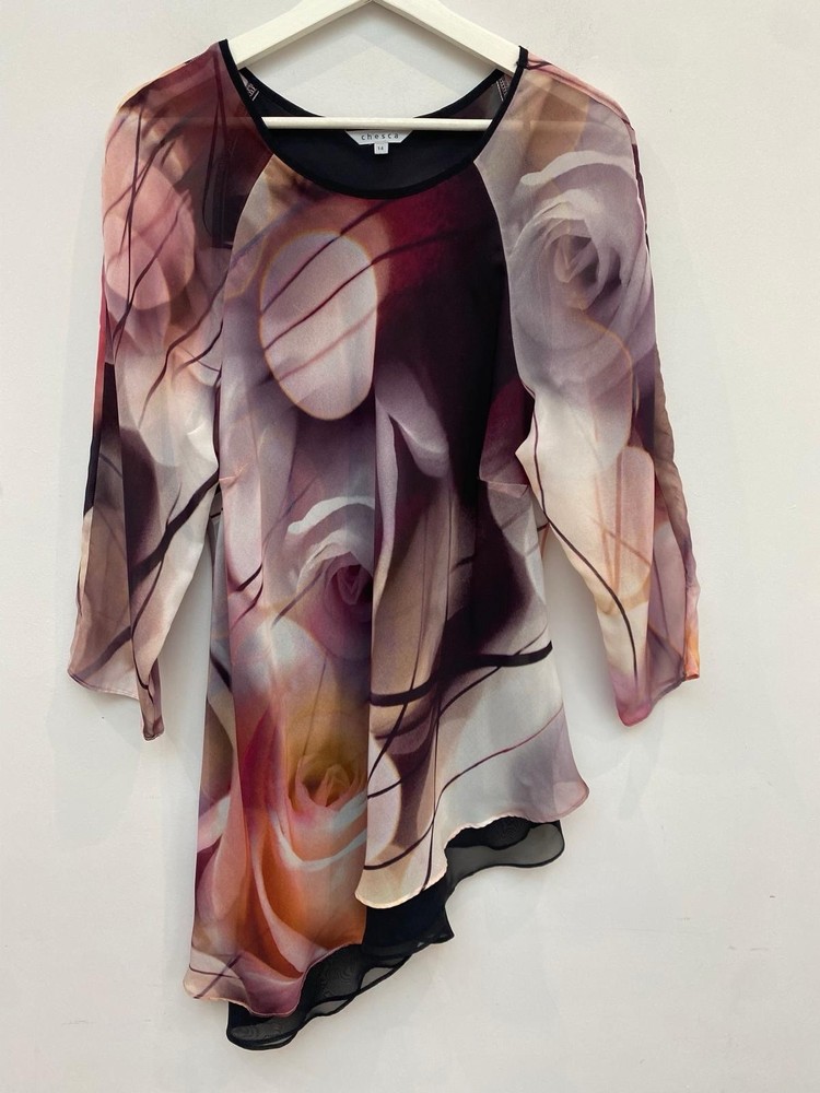 Chesca Floral Top Size 14 Purples Orange Floaty Sleeves Asymmetric Hem Elegant