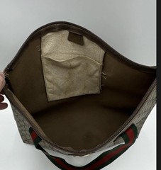 Vtg Gucci Beige Brown GG Canvas Zip-Top Tote Bag Green/Red Web Stripe Handles