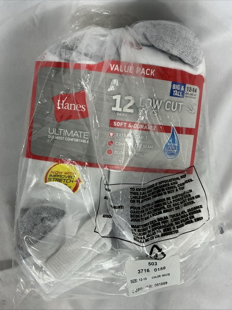 12 PAIRS Hanes Ultimate Ankle Socks Men’s Big & Tall 12-14 White Socks Brand New