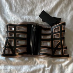 Herve Leger Leather Mesh Underbust Corset Black Beige Zip Boned Geometric XS/S