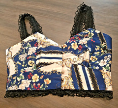 Elliatt Florentine Crop Top Black Lace Trim Blue & Gold Button Front Sz S