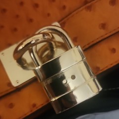 Women’s Tan Ostrich Embossed Satchel Top Handle Bag Chain Strap Turn Lock Zip