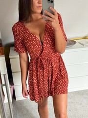 PrettyLittleThing Women’s Rust Polka Dot Mini Dress Wrap Tie Waist Size 12