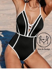 CUPSHE Black White Solid Slimming Lace-Up Crisscross One-Piece Swimsuit M