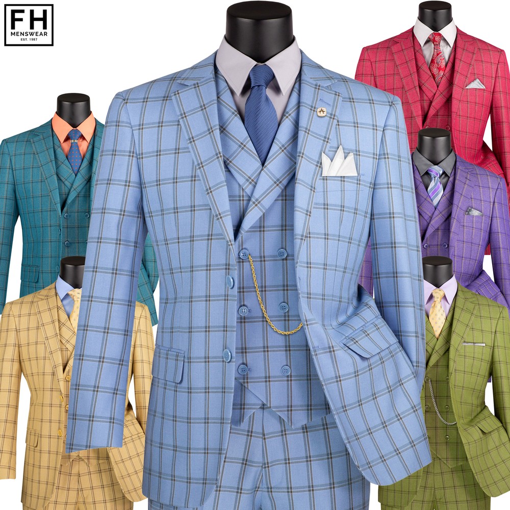 VINCI Men’s Windowpane 3-Piece Suit 38S-56L, 6 Colors, Modern Fit – NEW