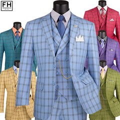 VINCI Men’s Windowpane 3-Piece Suit 38S-56L, 6 Colors, Modern Fit – NEW