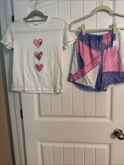 SHEIN White Tee with Pink & Purple Patchwork Shorts Pajama Set