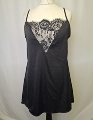 PLT Slip Dress Mini Cami Satin Lace Sheer Strappy Cocktail Black UK16 NWT C6303