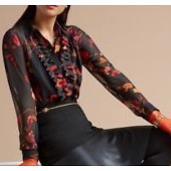 Cabi Catherine SEMI sheer black floral blouse Women SZ XL ruffle button front