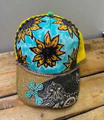 Women’s Floral Glitter Trucker Hat, Adjustable Mesh Back, Blue Yellow Black Gold