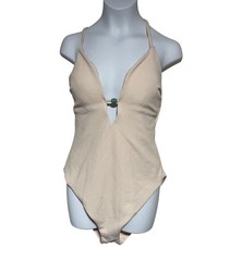Shade & Shore Beige One Piece Swimsuit Jade Bead Accent Crisscross Back Medium