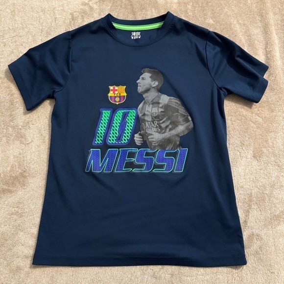 FC Barcelona Lionel Messi 10 Navy Blue Graphic Soccer T-Shirt Boys Large L