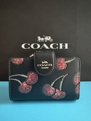 NWT Coach Medium Corner Zip Wallet With Cherry Print Leather Gold /Black Multi