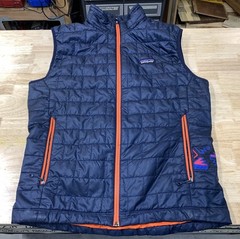 Patagonia Nano Puff Puffer Vest Jacket Mens M Navy Blue Orange Lined Style 84242