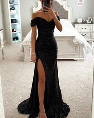 Women Off Shoulder Sequin Mermaid Prom Dress Long Slit Formal Evening Party Gown