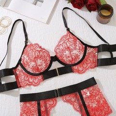 Embroidered Eyelash Lace Bra Waist Garter Thongs Thigh Belt 4-Piece Lingerie Set