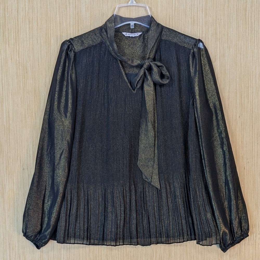 Nanette Lepore Blouse Womens Large Metallic Shimmer Black Gold Pleated Bow Neck