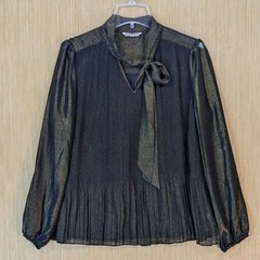 Nanette Lepore Blouse Womens Large Metallic Shimmer Black Gold Pleated Bow Neck