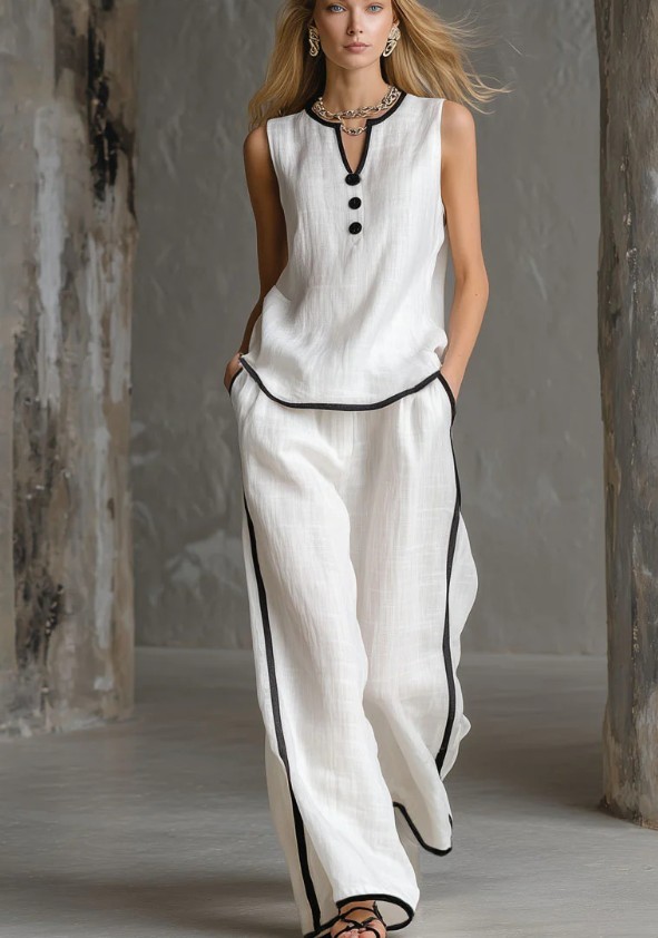 Ladies Solid Sleeveless V Neck Black Edge Trim Matching Wide Leg Trousers Suit