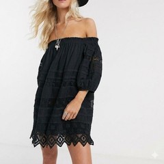 Free People Sounds Of Summer Crochet Tunic Top S Off-Shoulder Black Boho Witchy