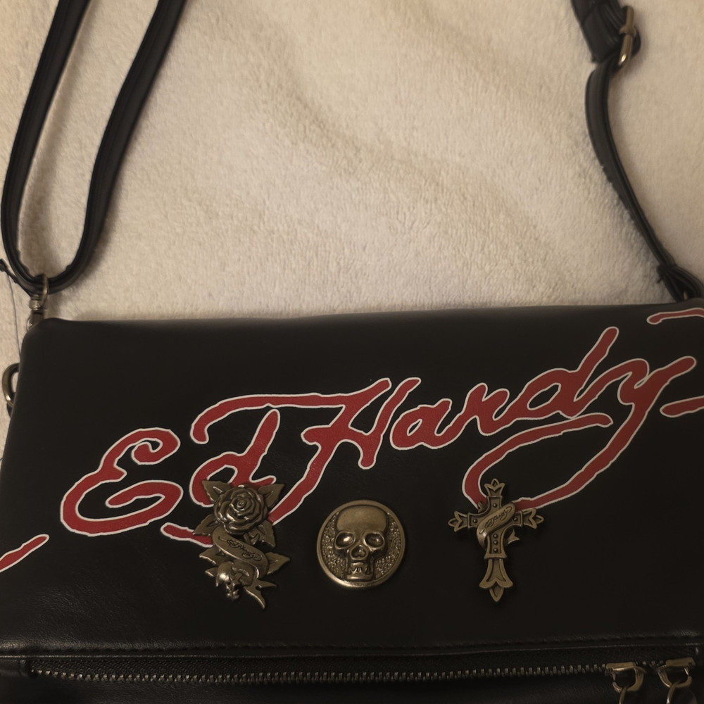 Ed Hardy Black/Red Logo Skull Crossbody Bag Zip, Detachable Strap Pockets