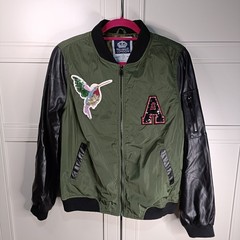 Miss Unique London Khaki Green and Faux Black Leather Bomber Jacket Size 14