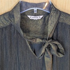 Nanette Lepore Blouse Womens Large Metallic Shimmer Black Gold Pleated Bow Neck