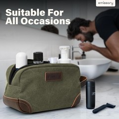 Men’s Leather and Canvas Travel Toiletry Dopp Kit, Shaving Bag (Dark Green)