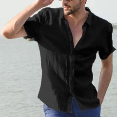 Men’s Summer Cotton Linen Short Sleeve Shirt Casual Solid Button-Down free shipp