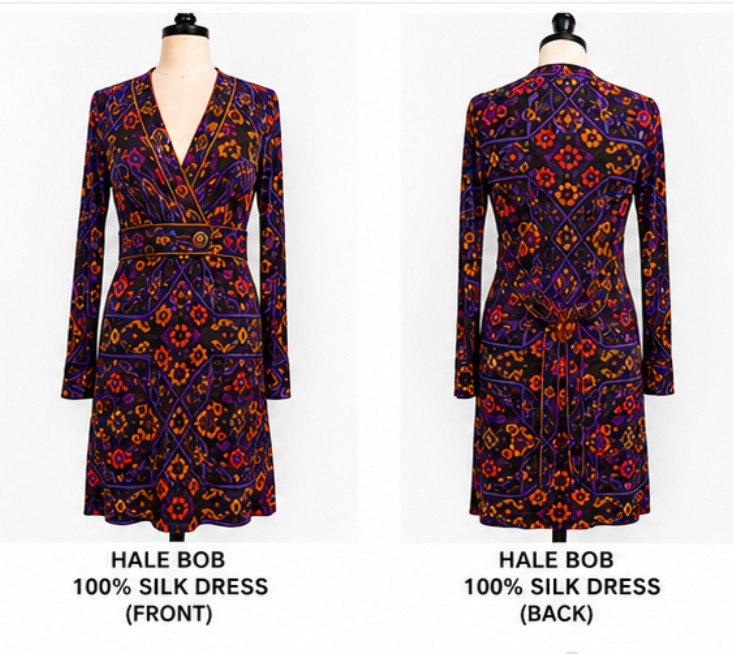 Hale Bob Faux Wrap Dress Large Purple Orange Boho Geometric Medallion Long Sleev