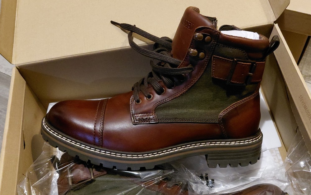 Steve Madden Men’s Leather Combat Ankle Boots Lace-Up Side Zipper 8.5