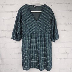 Madewell Green Navy Plaid Wrap Dress Womens S Puff Balloon Sleeve Mini Babydoll