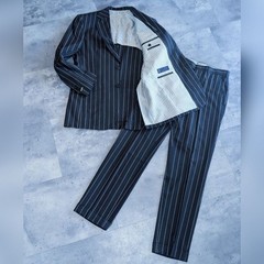 ERMENEGILDO ZEGNA Chalk Stripe Suit Black Cotton Silk Slim Fit 38R 2 Piece