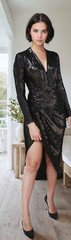JOHN ZACK BLACK SEQUIN PLUNGE V NECK WRAP OVER DRESS