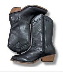 Frye Womens 7 Black Leather Western Mid-Calf Boots Pointed Toe Zip Pull Strap