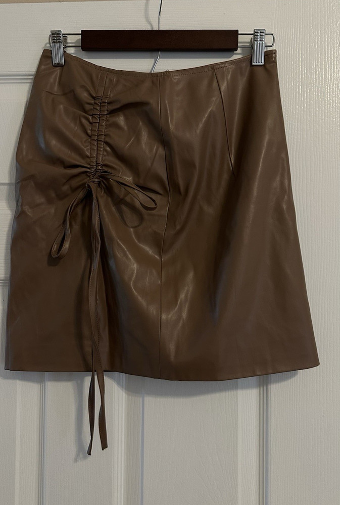 Women’s Khaki Leather Mini Skirt M Solid Drawstring Ruched Front Slit