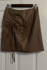 Women’s Khaki Leather Mini Skirt M Solid Drawstring Ruched Front Slit