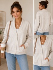 Varley Celeste DoubleSoft Button Through Sweatshirt Cardigan Oatmeal Large L