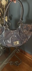 Women’s grey Crocodile Pattern Embossed Satchel Top Handle, Gold Buckle
