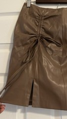 Women’s Khaki Leather Mini Skirt M Solid Drawstring Ruched Front Slit